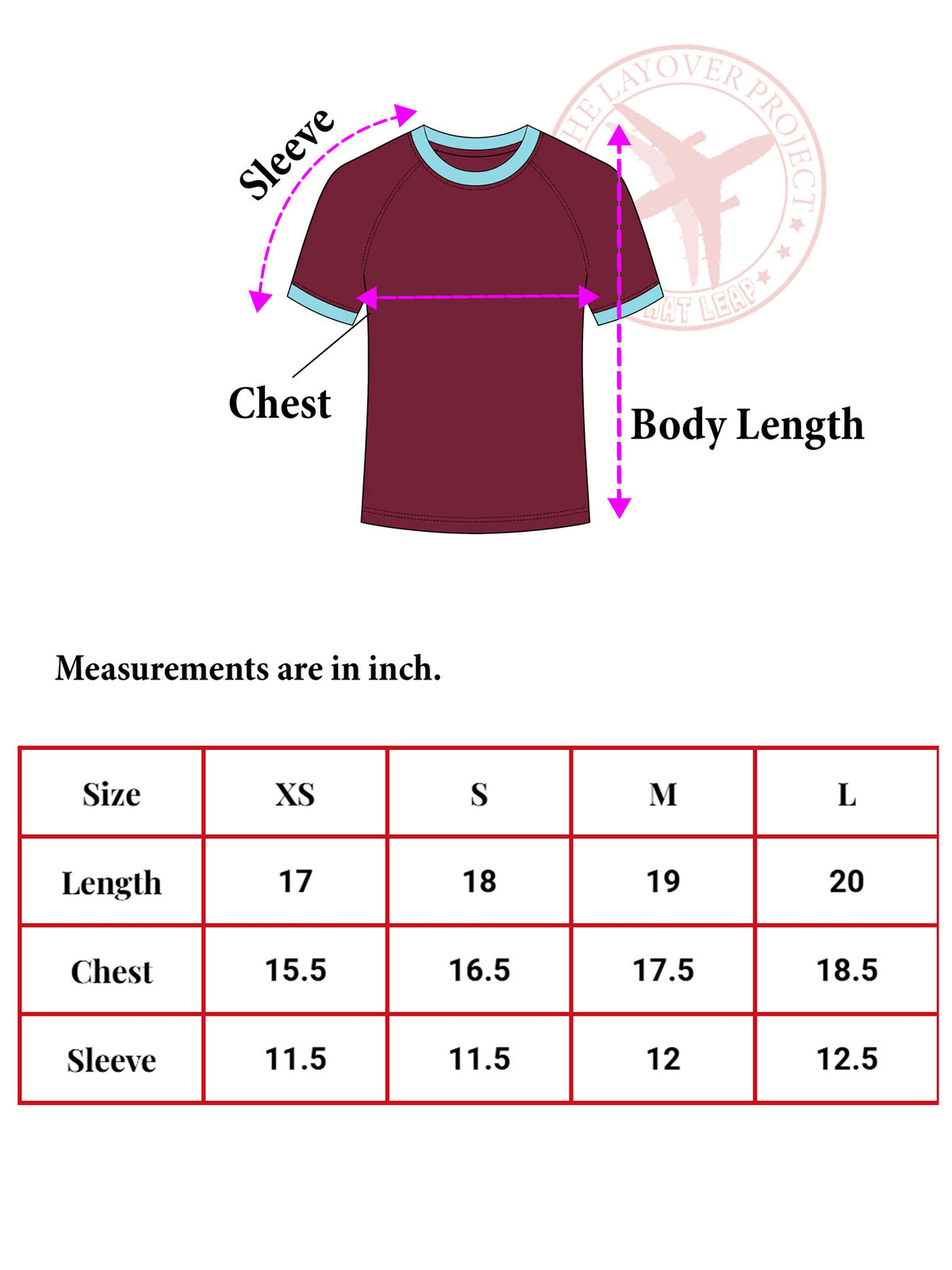 Maroon t-shirt with measurement labels and a size chart on a white background