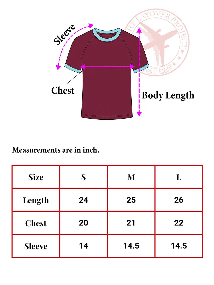 Maroon t-shirt with measurement labels and a size chart on a white background