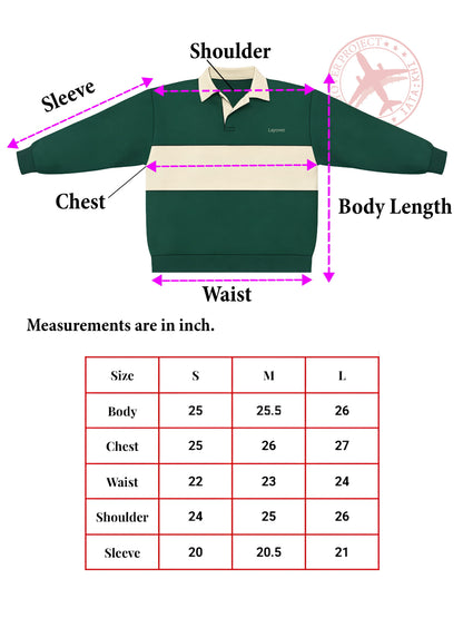 Green and beige polo shirt with measurement chart on a white background