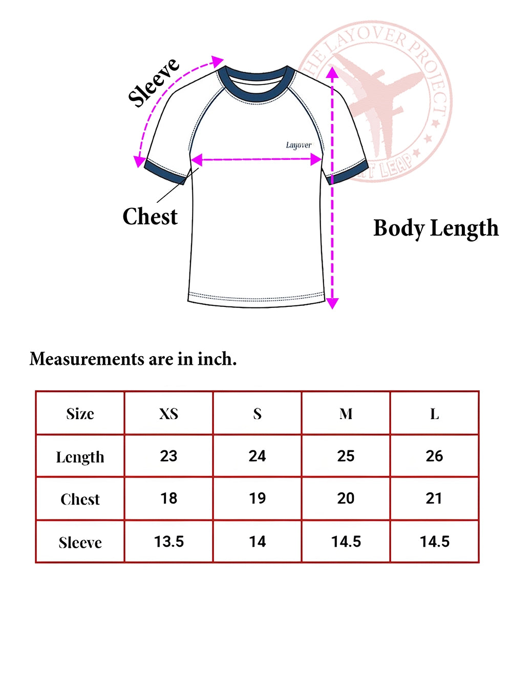 Measurement chart for a t-shirt with labeled parts and size chart on a white background