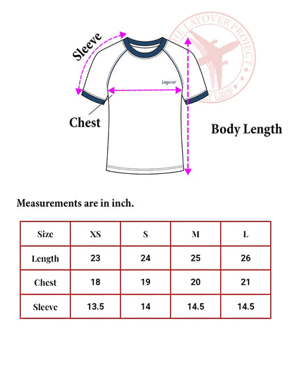 Measurement chart for a t-shirt with labeled parts and size chart on a white background