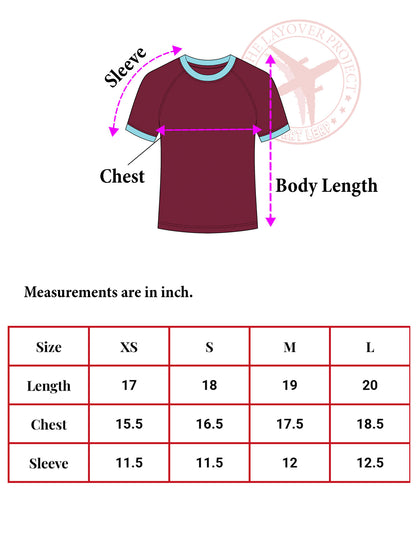 Maroon t-shirt with measurement labels and a size chart on a white background